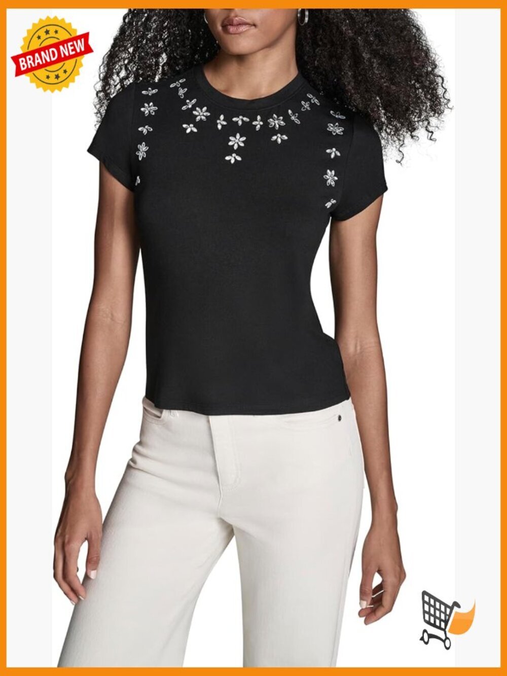 Short Sleeve Knit Top with Beaded Detail Scoop Neck T-Shirt